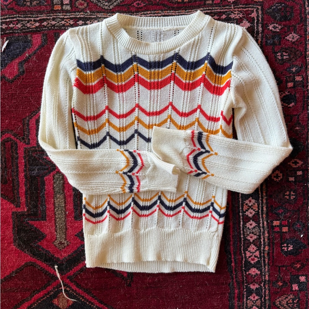 Vintage Cream Sweater with Chevron Accents